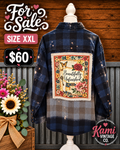 Size XXL navy and black plaid upcycled flannel with a Beautifully Unfinished floral back panel, cream fringed edging, and faded gray lower section.