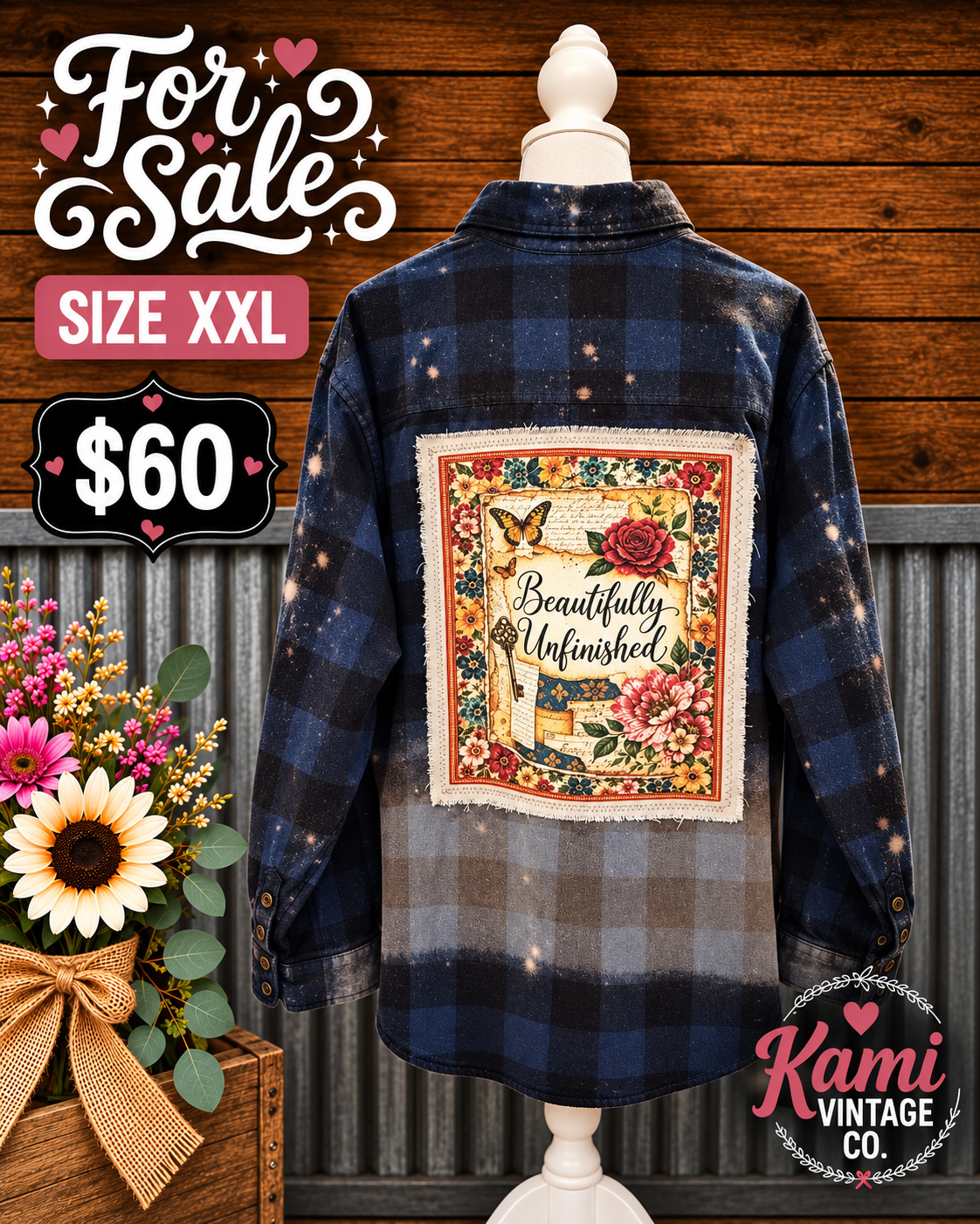 Size XXL navy and black plaid upcycled flannel with a Beautifully Unfinished floral back panel, cream fringed edging, and faded gray lower section.