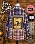 Size XXL navy, burgundy, gray, and cream plaid upcycled flannel with a golden Michigan Home Sweet Home back panel featuring birds, trees, and flowers.