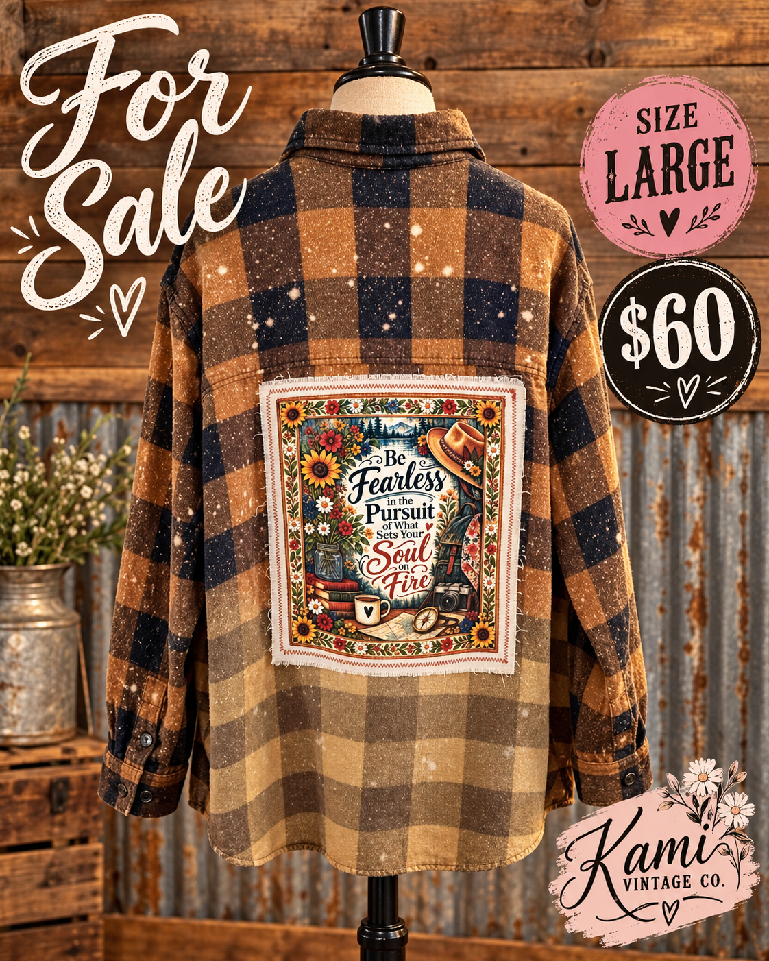 Size Large mustard, brown, and black plaid flannel with a Be Fearless in the Pursuit of What Sets Your Soul on Fire floral adventure back panel.