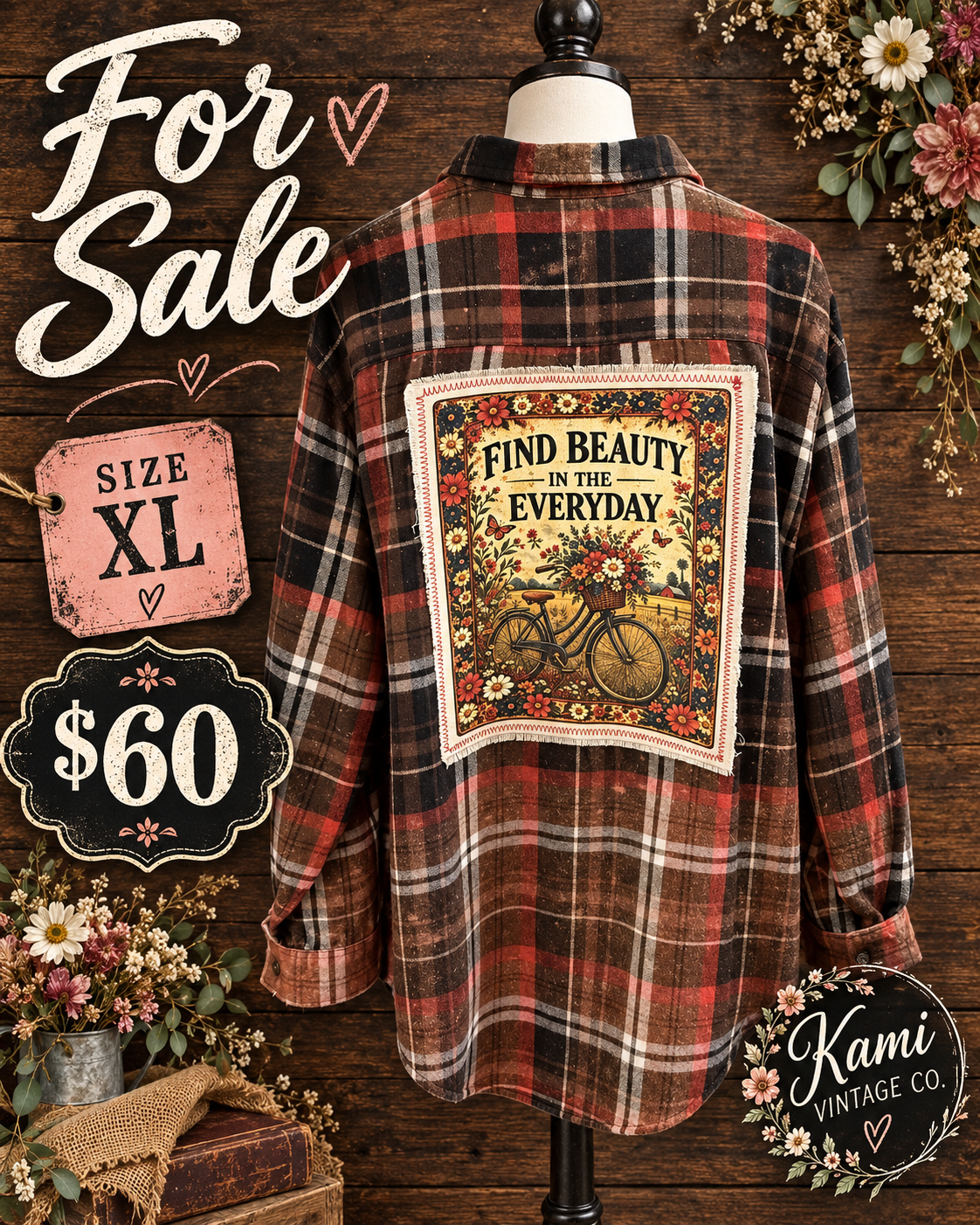 Size XL rust, brown, and cream plaid vintage flannel with Find Beauty in the Everyday bicycle and floral back panel.