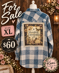 Size XL blue and cream plaid upcycled flannel with a Beautifully Unfinished botanical back panel featuring flowers, a butterfly, and a vintage key.