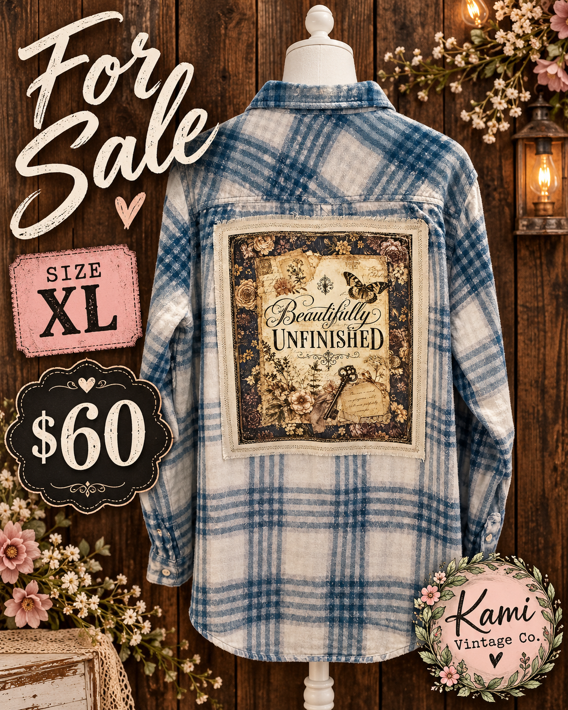 Size XL blue and cream plaid upcycled flannel with a Beautifully Unfinished botanical back panel featuring flowers, a butterfly, and a vintage key.