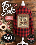 Size Medium red and black plaid flannel with Leave a Little Wild Wherever You Go floral skull back panel and leopard-print border.