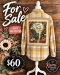 Size Medium yellow, cream, and taupe plaid flannel with Leave a Little Magic Behind floral garden back panel.