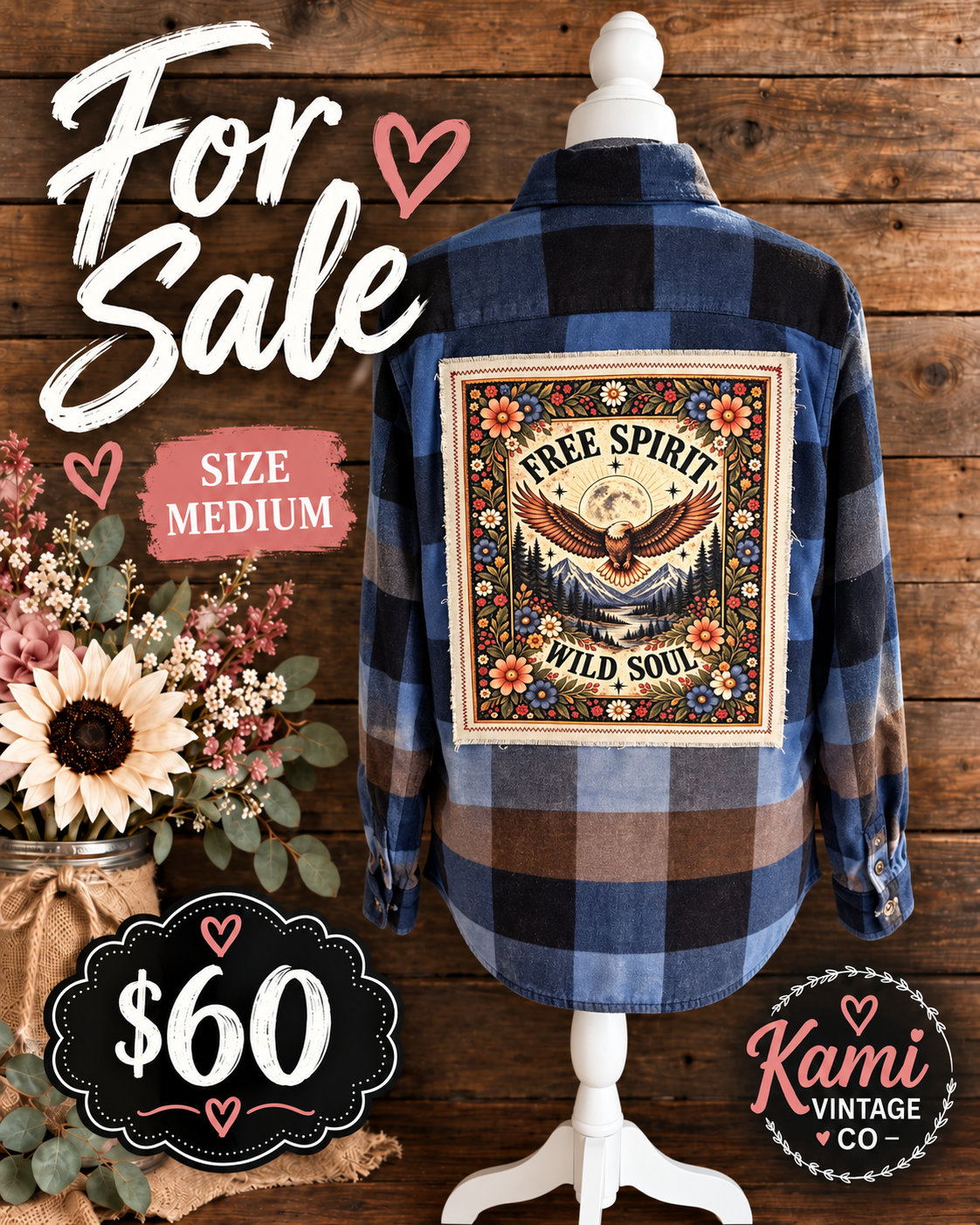 Size Medium blue, black, and brown plaid flannel with Free Spirit Wild Soul eagle, mountain, and floral back panel.
