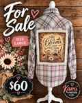 Size Large pink, gray, and cream plaid flannel with She Blooms in Her Own Time wildflower and butterfly back panel.