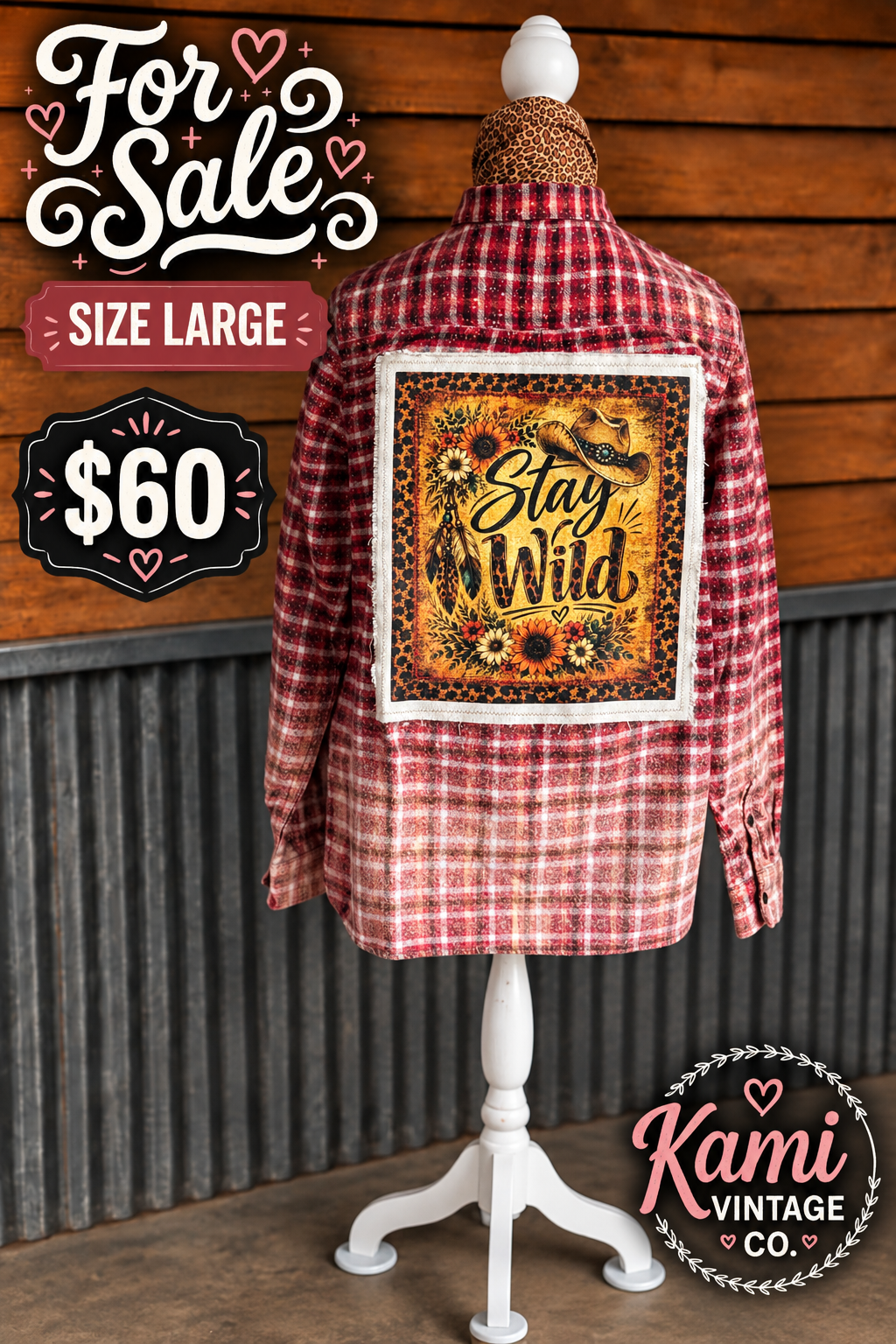 Size Large red plaid vintage flannel with a Stay Wild honeybee, sunflower, and floral back design