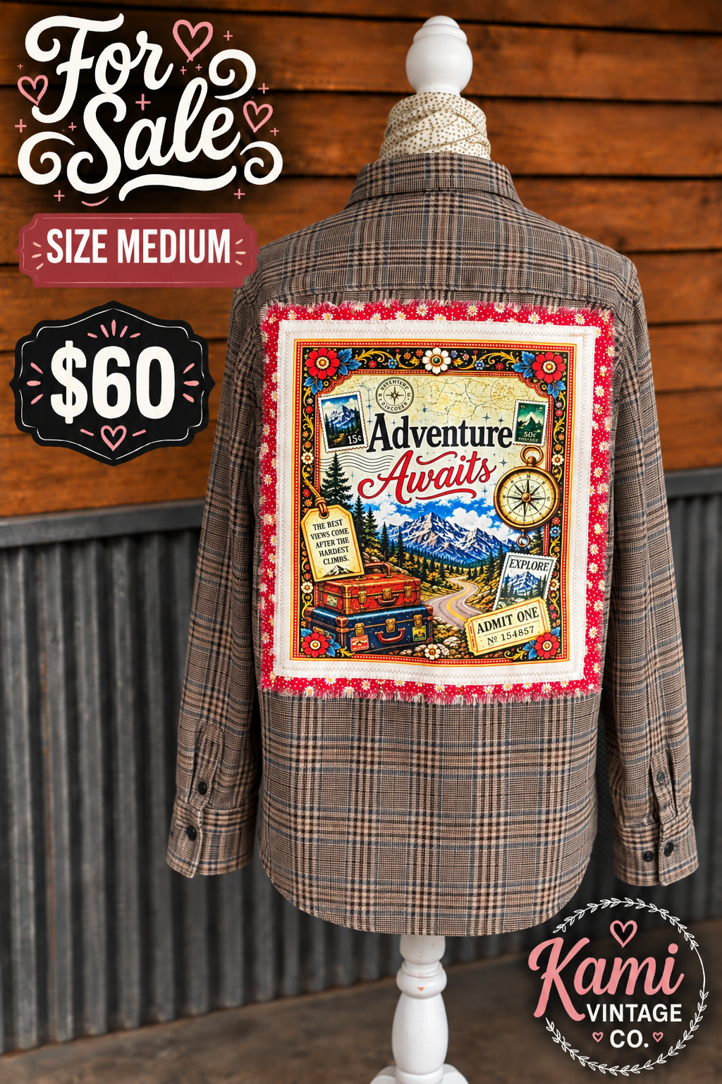 Size Medium plaid vintage flannel with an Adventure Awaits mountain, road trip, luggage, and compass back design