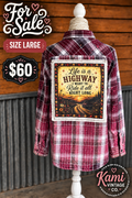 Size Large burgundy plaid vintage flannel with a Life Is a Highway night-road back design