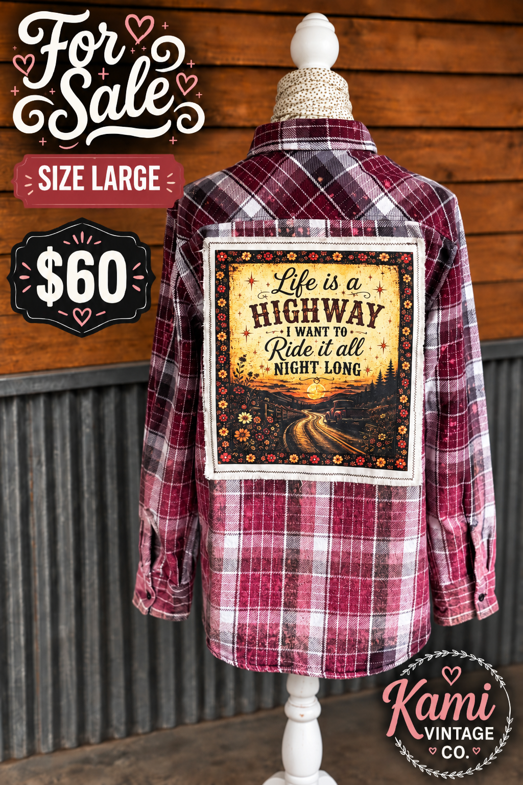 Size Large burgundy plaid vintage flannel with a Life Is a Highway night-road back design