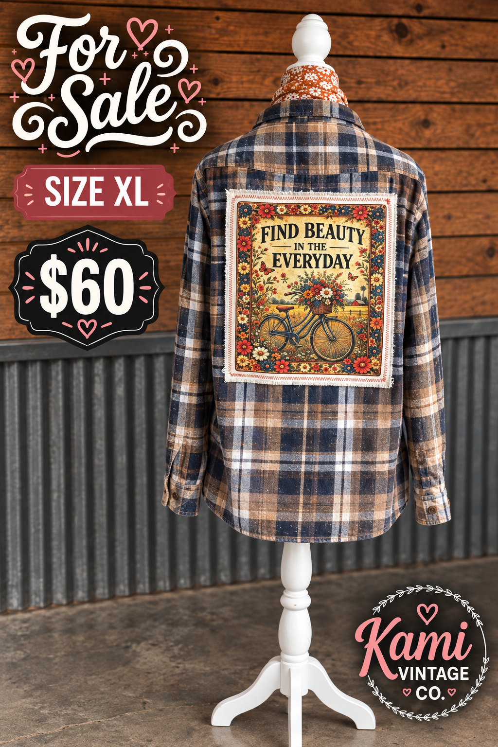 Size XL blue and tan plaid vintage flannel with a Find Beauty in the Everyday bicycle and floral back design