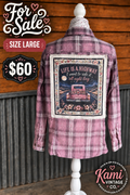 Size Large pink plaid vintage flannel with a Life Is a Highway vintage pickup truck back design