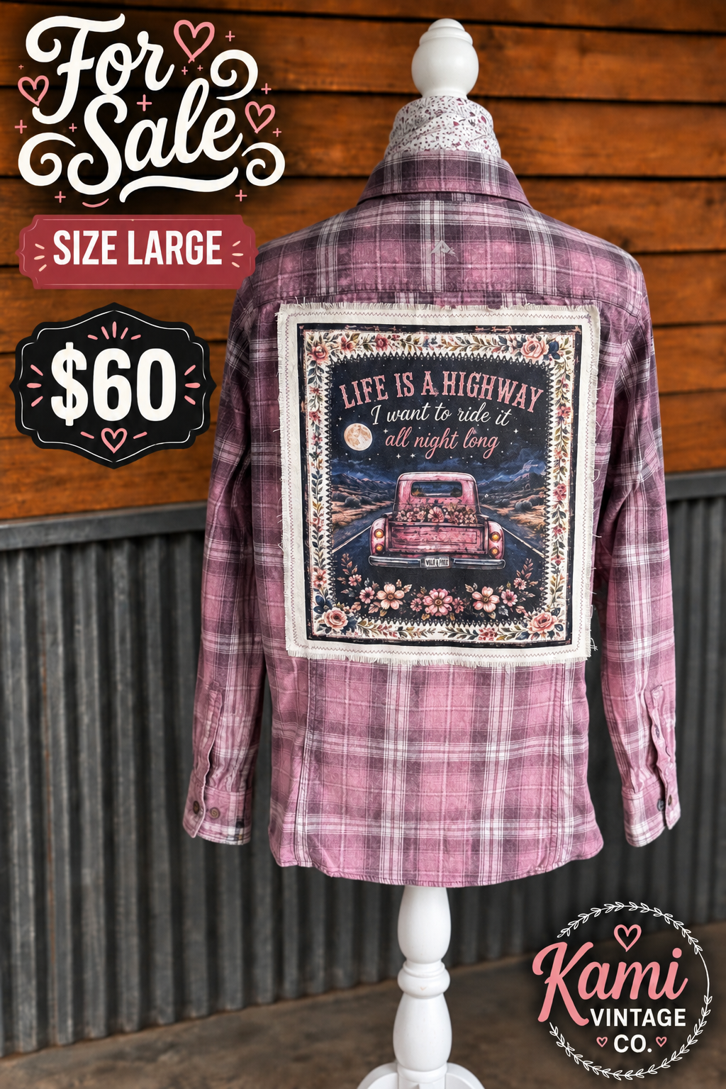 Size Large pink plaid vintage flannel with a Life Is a Highway vintage pickup truck back design