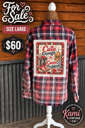 Size Large red plaid vintage flannel with a Cute Enough to Cause Problems cowboy boot and floral back design