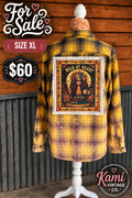 Size XL golden yellow plaid vintage flannel with a Wild at Heart floral woman back design