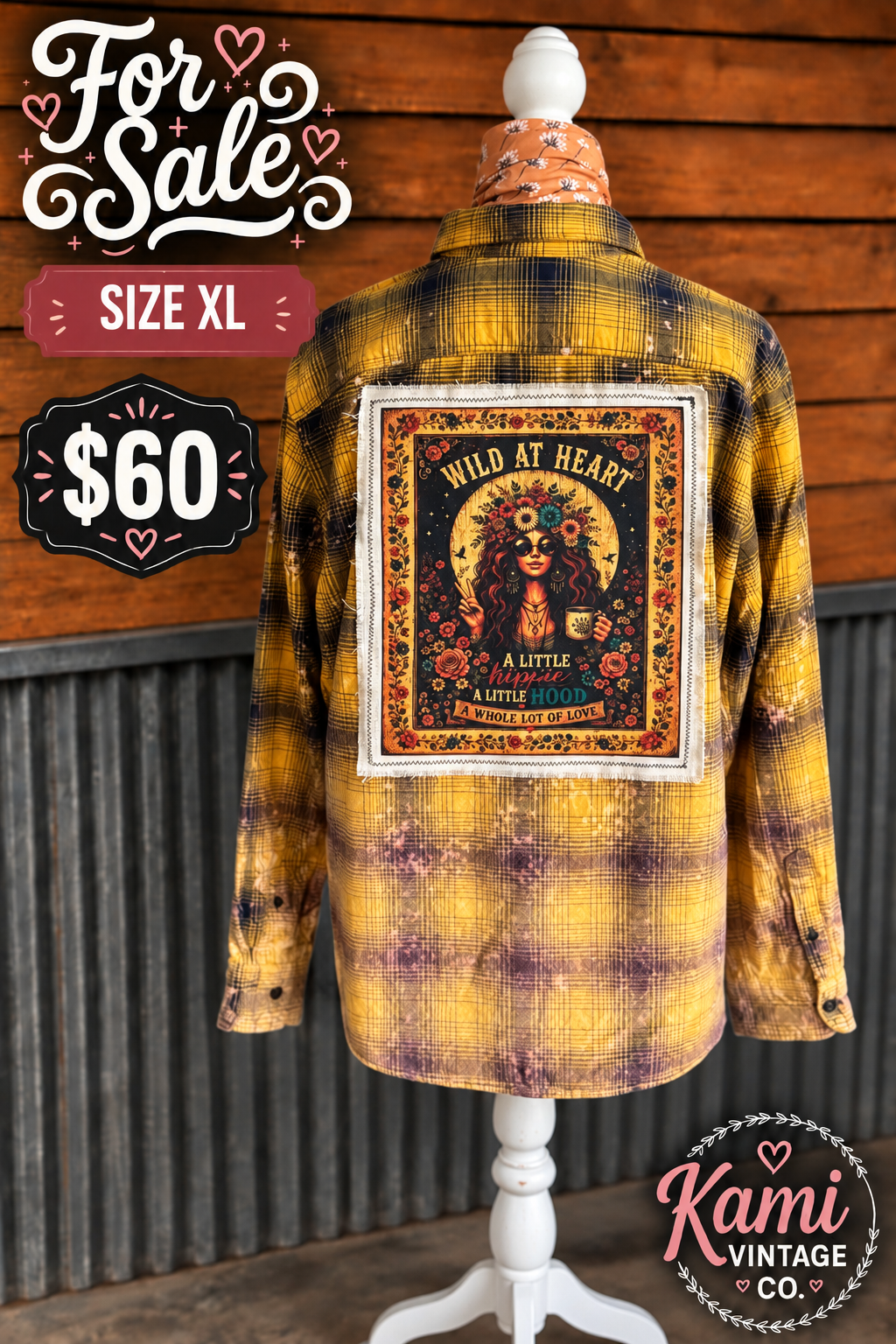 Size XL golden yellow plaid vintage flannel with a Wild at Heart floral woman back design