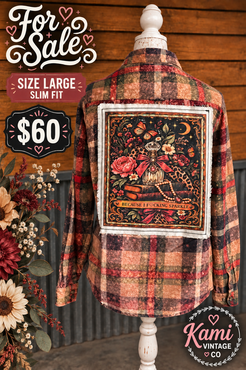 Because I Flocking Sparkle Vintage Flannel - Size Large