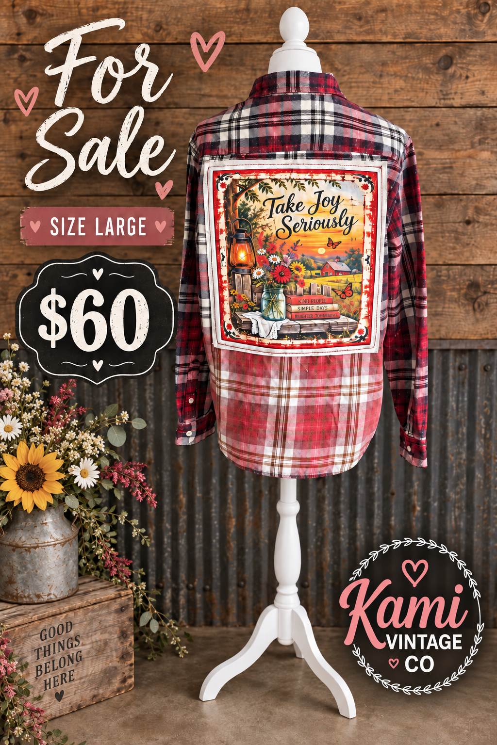 Size Large red black and white plaid vintage flannel with a Take Joy Seriously floral back design