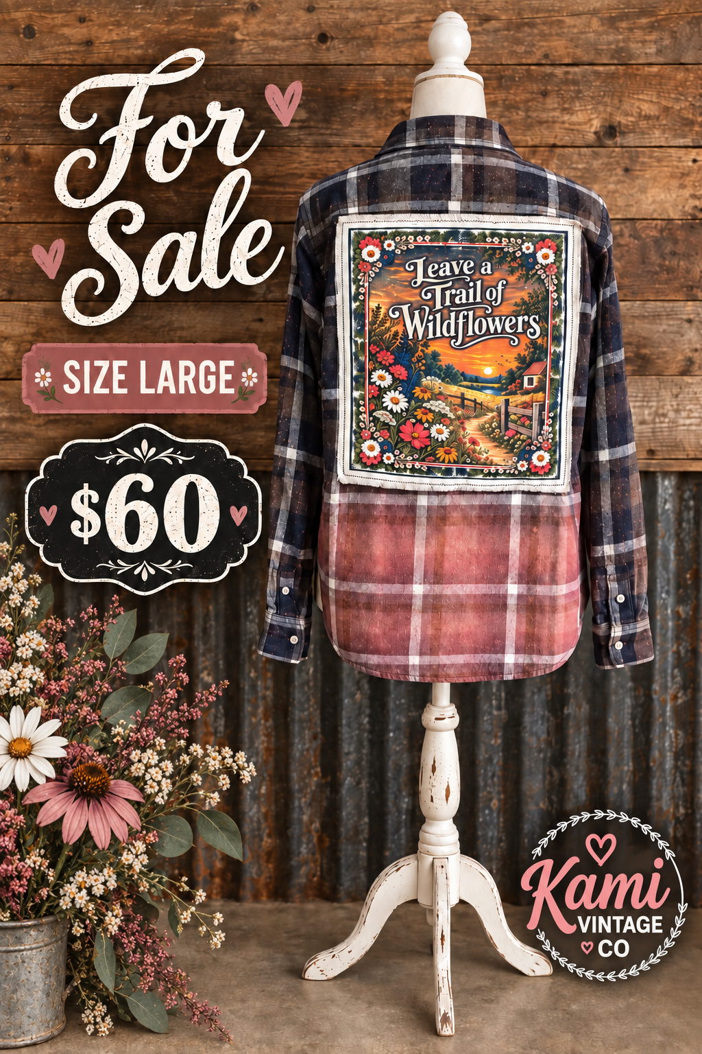Size Large charcoal black and dusty rose plaid vintage flannel with a Leave a Trail of Wildflowers back design