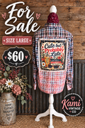 Size Large colorful plaid vintage flannel with a Cute but Probably Late coffee and flowers back design