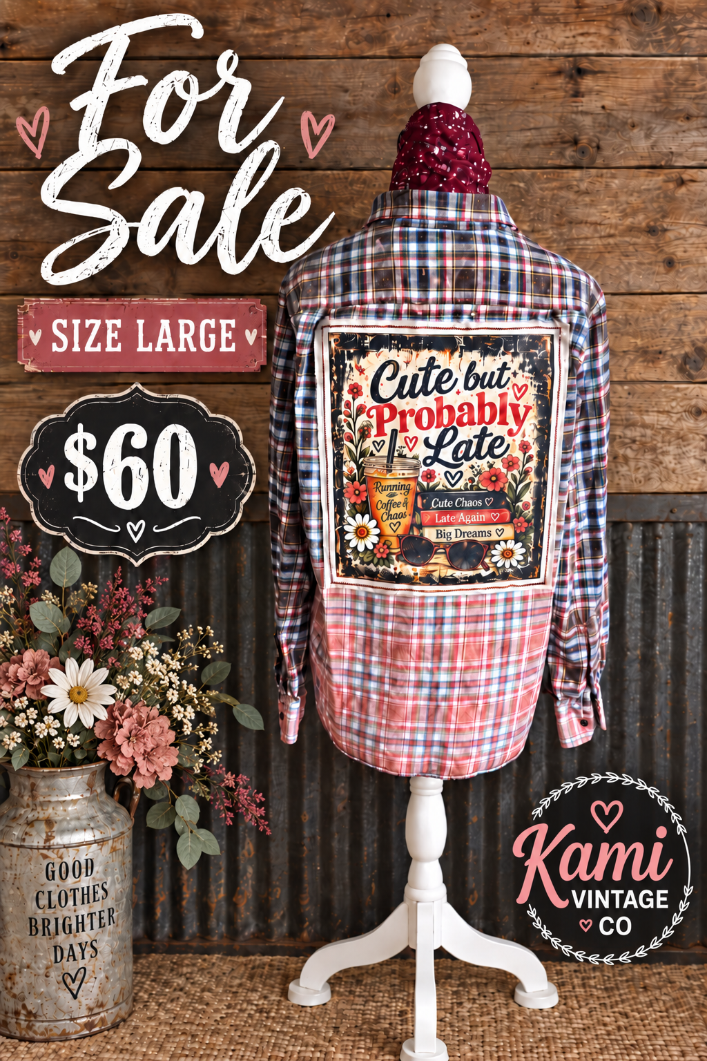 Size Large colorful plaid vintage flannel with a Cute but Probably Late coffee and flowers back design