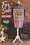 Size Large mauve and charcoal plaid vintage flannel with a Running on Caffeine, Chaos and Dry Shampoo back design