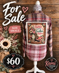 Size Small dusty rose and mauve plaid vintage flannel with a Polite Until Further Notice floral back design