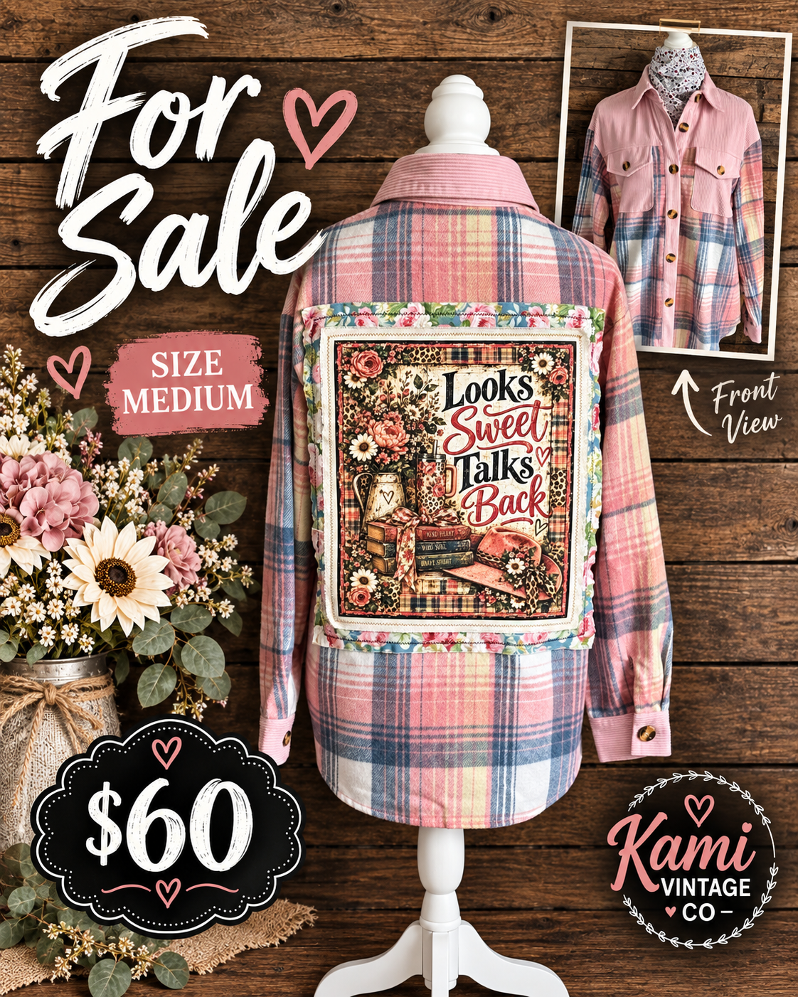 Size Medium pink plaid vintage flannel with a Looks Sweet Talks Back floral and books back design