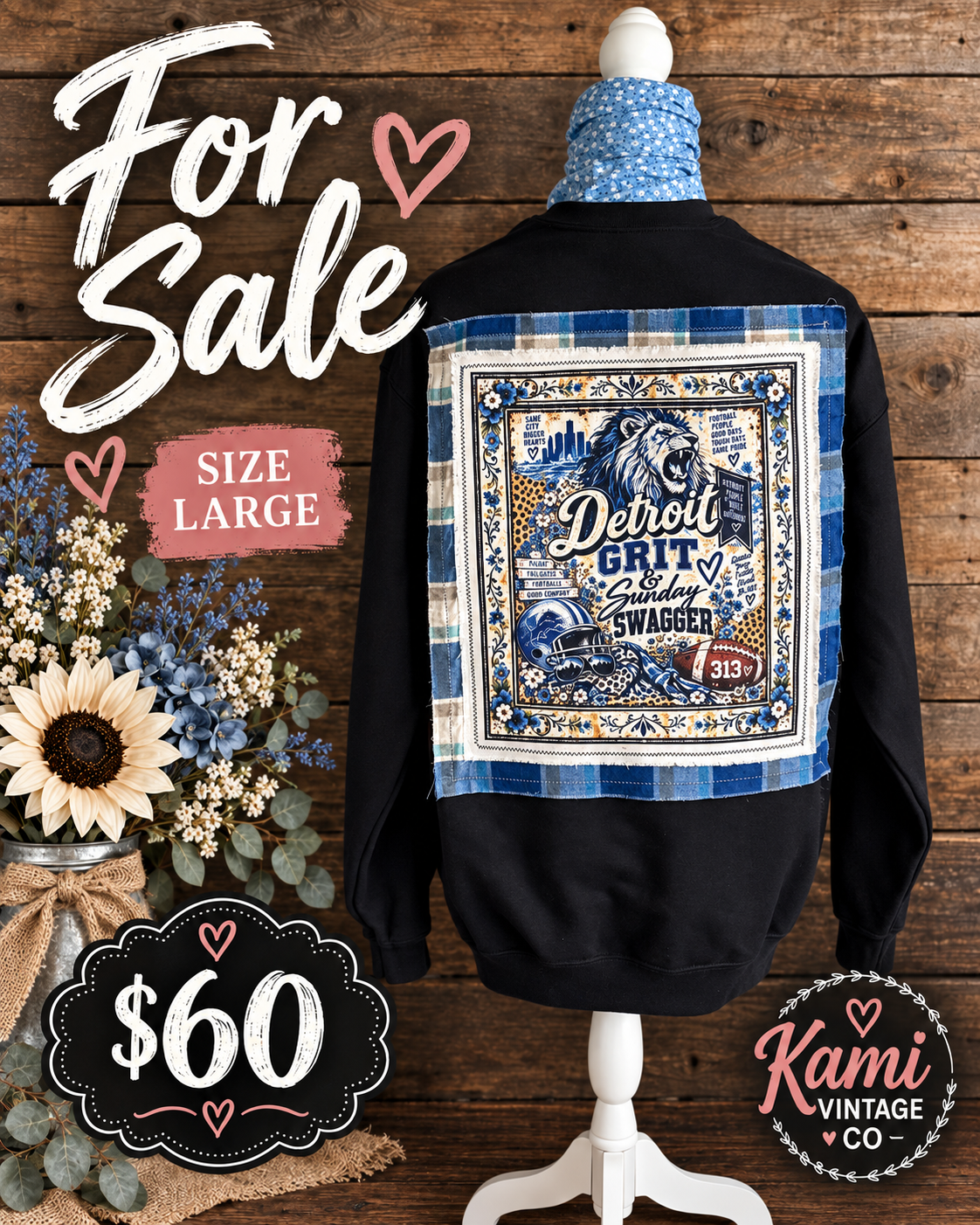 Size Large black custom sweatshirt with a blue plaid flannel back panel and Detroit-inspired lion graphic