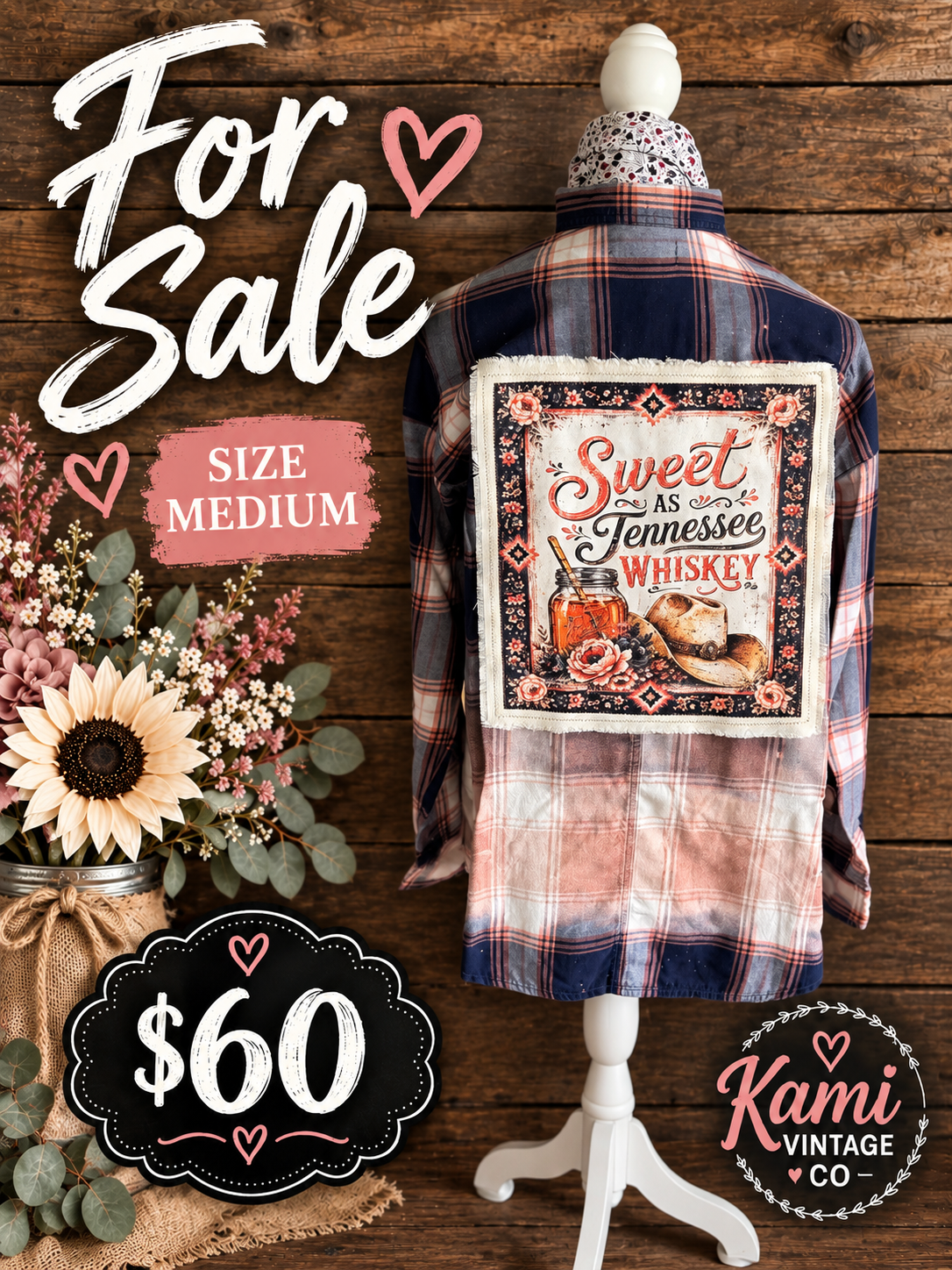 Size Medium navy blush and cream plaid vintage flannel with a Sweet as Tennessee Whiskey floral whiskey back design