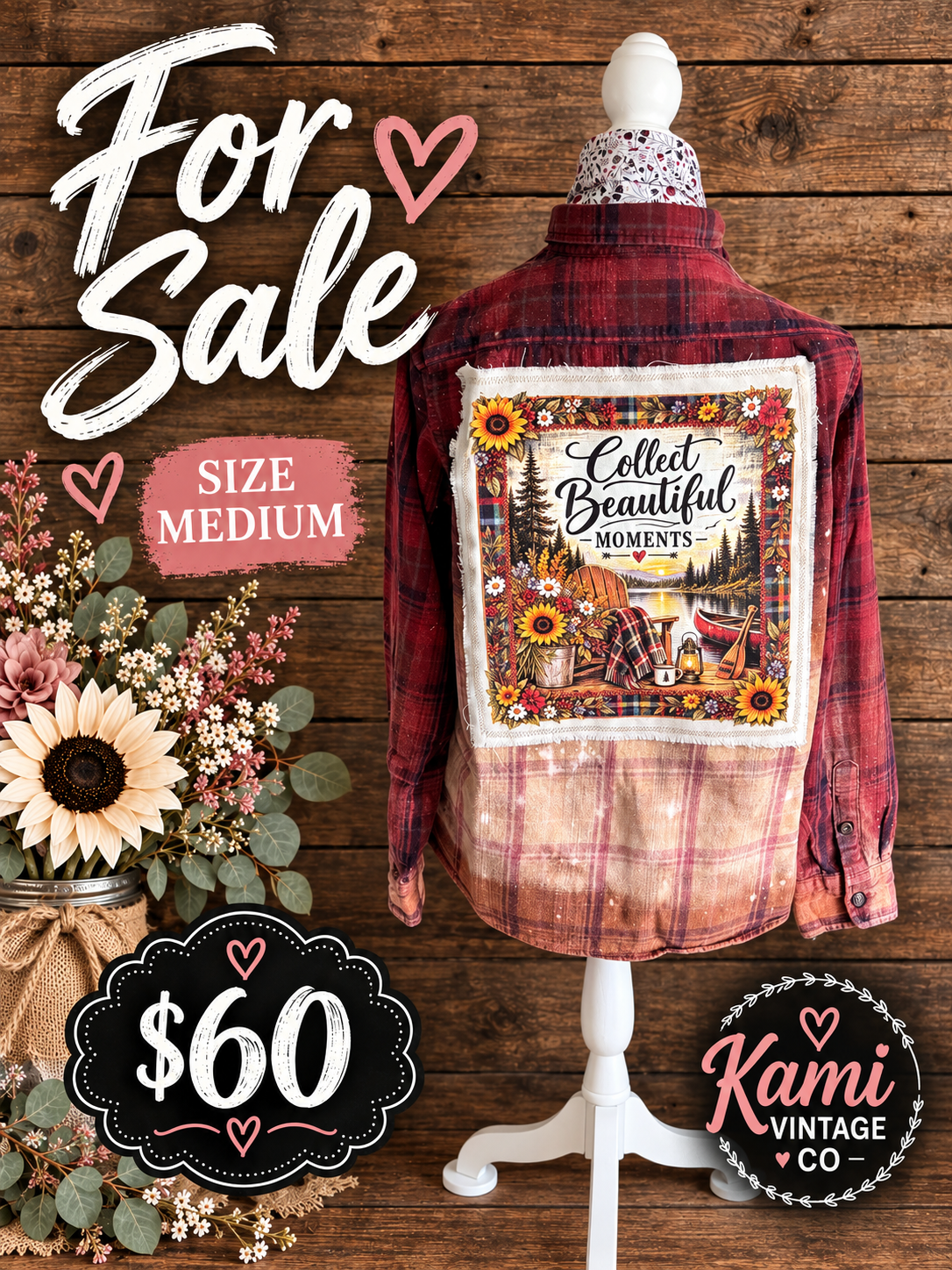 Size Medium burgundy and blush plaid vintage flannel with a Collect Beautiful Moments camping and wildflower back design