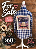 Size Small blue and white plaid vintage flannel with a Life Is a Highway moonlit road and vintage truck back design