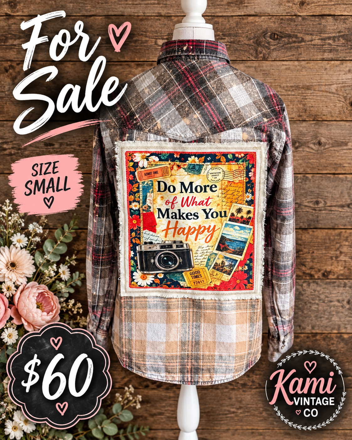 Size Small gray blush and berry plaid vintage flannel with a Do More of What Makes You Happy travel and camera back design
