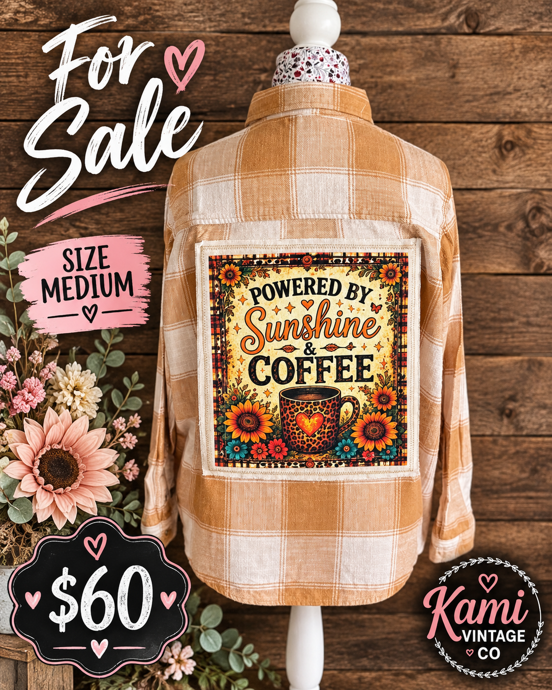 Powered by Sunshine and Coffee vintage flannel, Size Medium