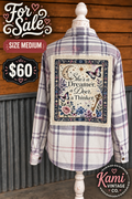 Size Medium vintage flannel with a dreamy moon, stars, butterflies, flowers, and vintage key back design