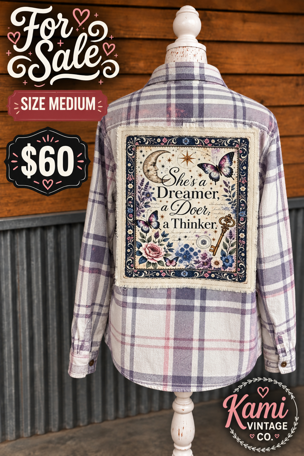 Size Medium vintage flannel with a dreamy moon, stars, butterflies, flowers, and vintage key back design