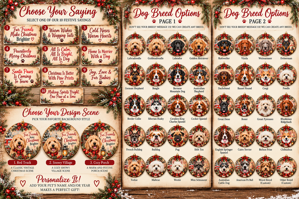 Pet ornament catalog showing ten festive sayings, three design scenes, and dog breed options.