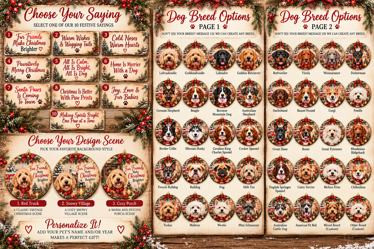 Pet ornament catalog showing ten festive sayings, three design scenes, and dog breed options.