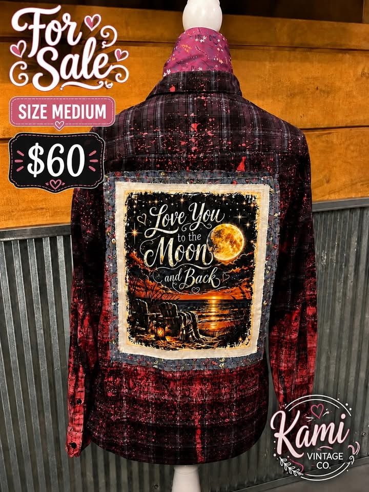 Love You to the Moon and Back upcycled flannel, size medium
