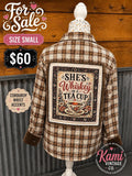 She's Whiskey in a Tea Cup upcycled flannel with corduroy wrist accents, size small
