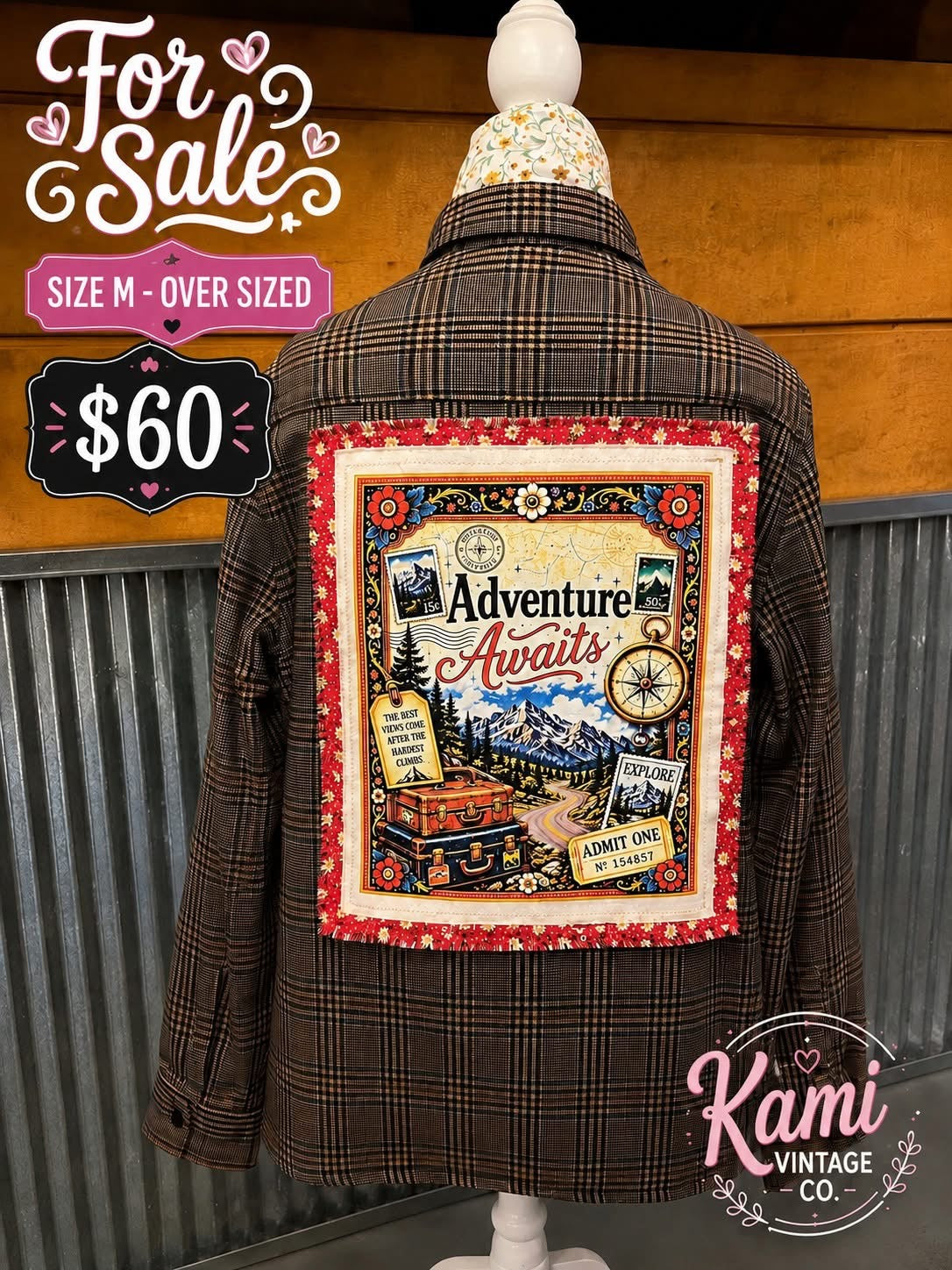 Adventure Awaits upcycled flannel, size medium oversized
