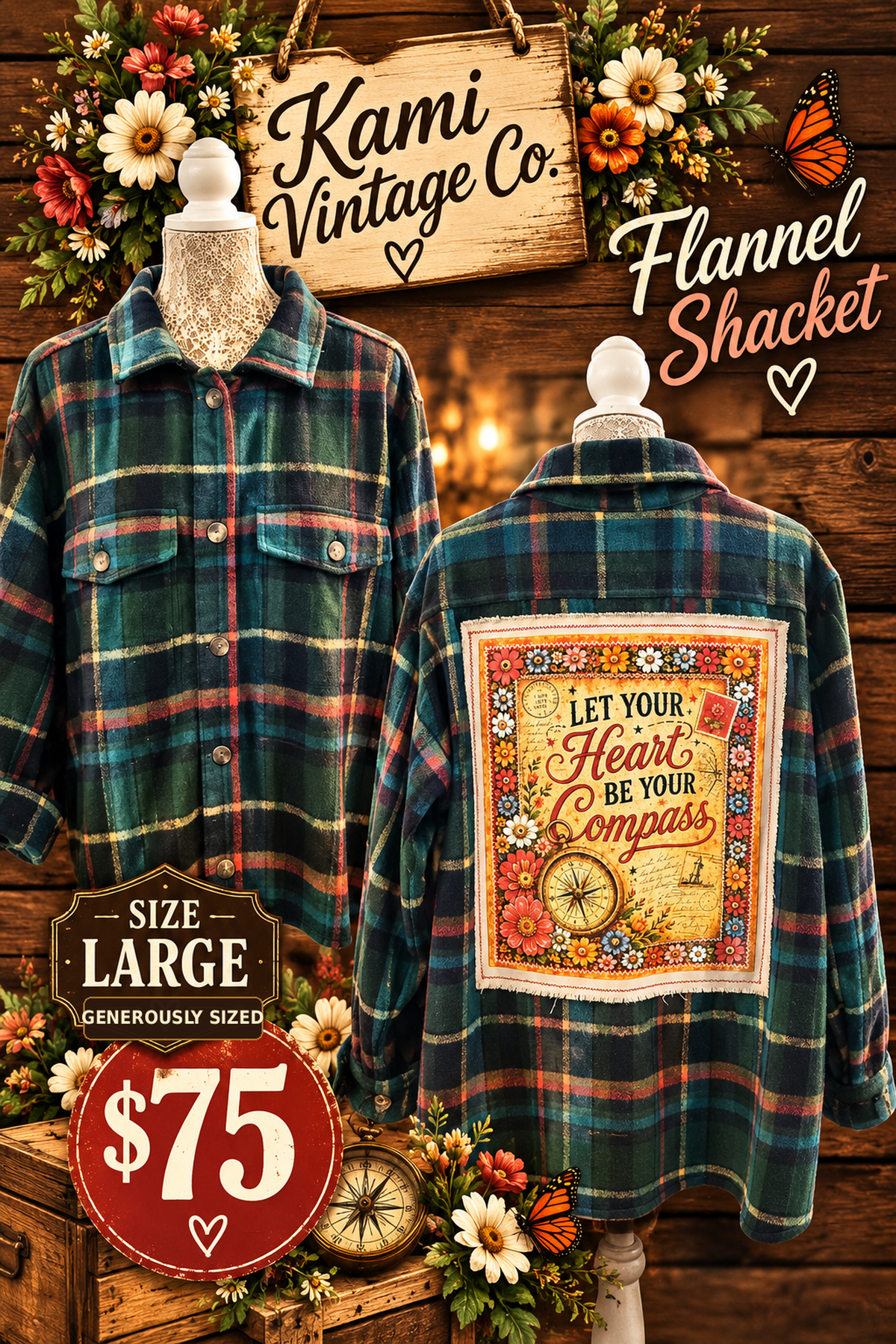 Front and back of a generously sized Large green and navy plaid shacket with chest pockets and a Let Your Heart Be Your Compass floral back panel.