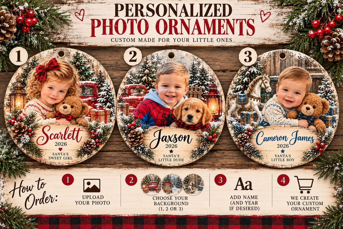 Personalized child photo Christmas ornament guide showing three numbered festive designs and ordering instructions.