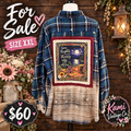 Size XXL navy and cream plaid upcycled flannel with a moonlit lakeside campfire panel reading Some Nights the Best Therapy Is a Friend, a Fire and a Good View.