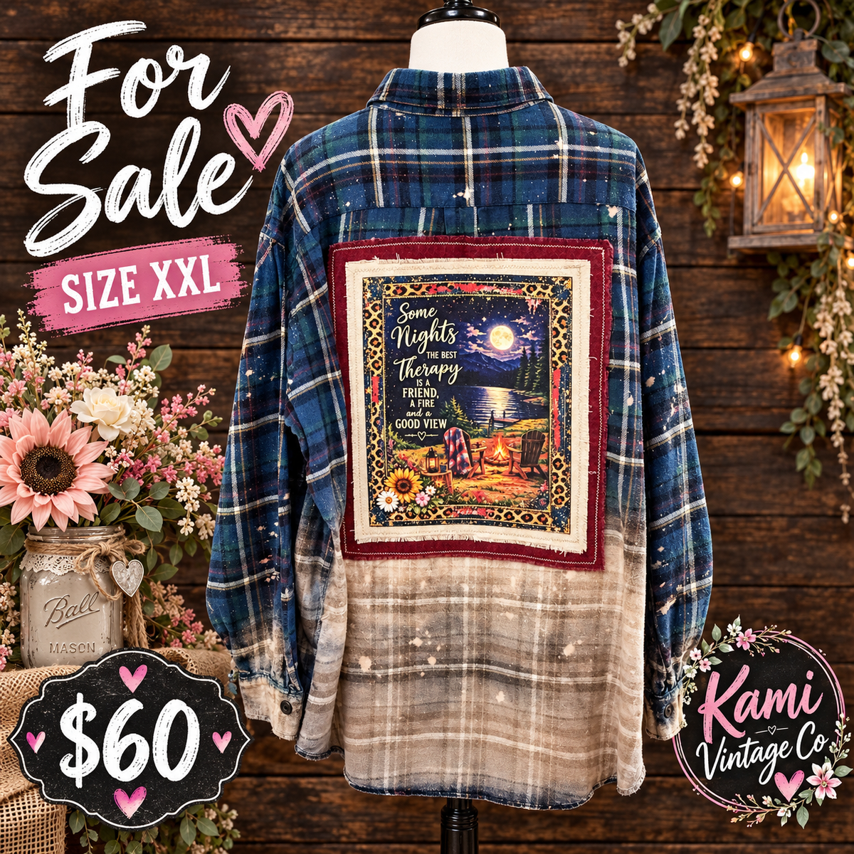 Size XXL navy and cream plaid upcycled flannel with a moonlit lakeside campfire panel reading Some Nights the Best Therapy Is a Friend, a Fire and a Good View.