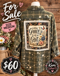 Size Medium distressed olive plaid flannel with A Little Grace & a Lot of Grit floral and butterfly back design.