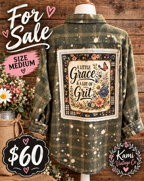 Size Medium distressed olive plaid flannel with A Little Grace & a Lot of Grit floral and butterfly back design.