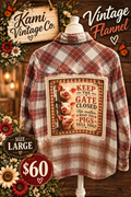Size Large rust and cream plaid flannel with three pigs and a Keep the Gate Closed farmhouse-humor back panel.