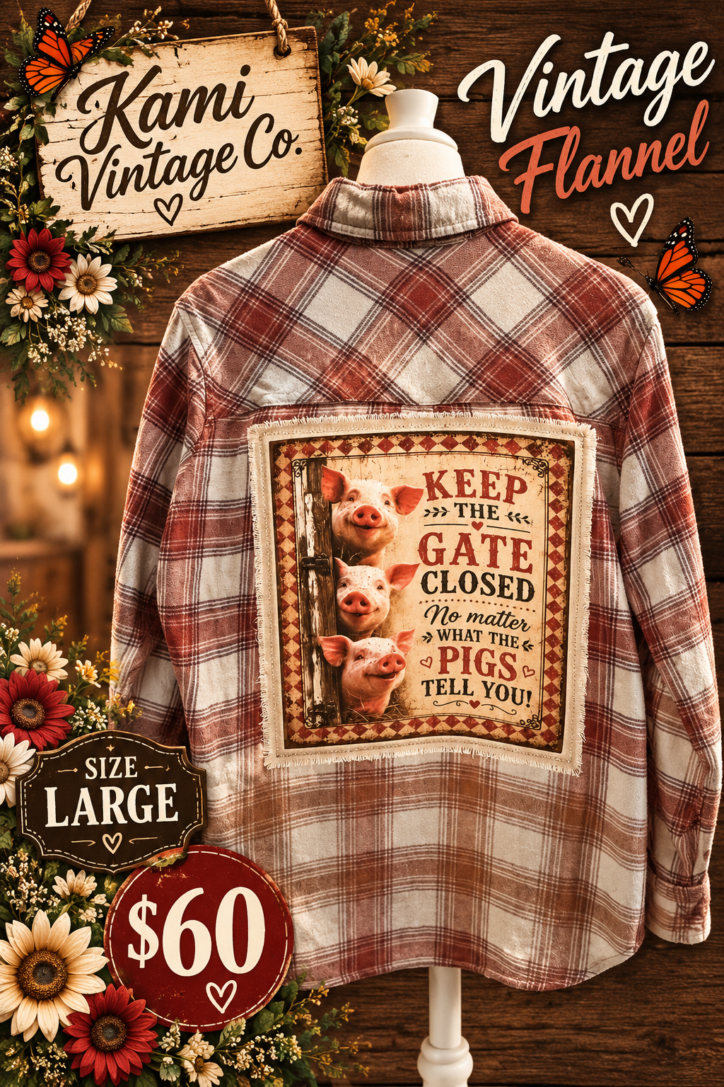 Size Large rust and cream plaid flannel with three pigs and a Keep the Gate Closed farmhouse-humor back panel.